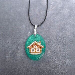 Handmade Green Resin Pendant Necklace Gingerbread House Black Cord Christmas